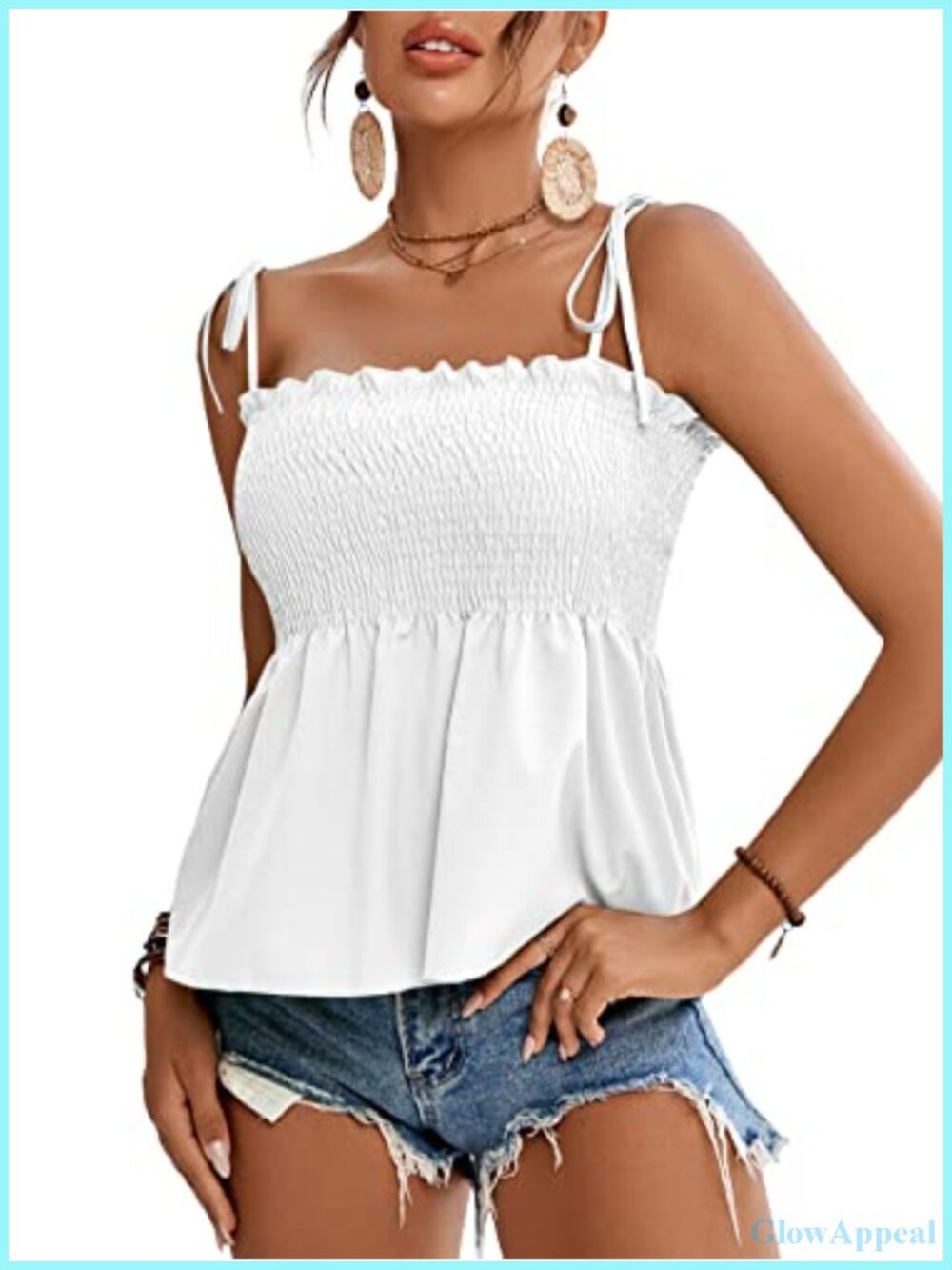 Tie Shoulder Cami Blouse Peplum Top Sleeveless Ruffle Smocked Bust